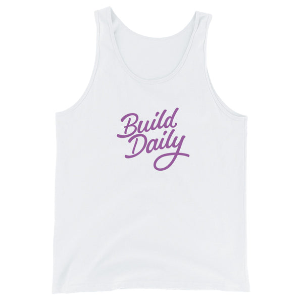 White tank top shirt with purple build daily signature logo