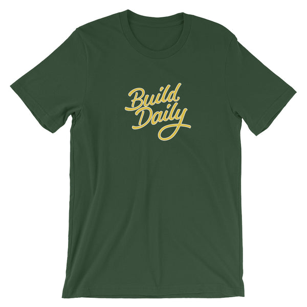 Green t shirt with yellow and white build daily signature logo
