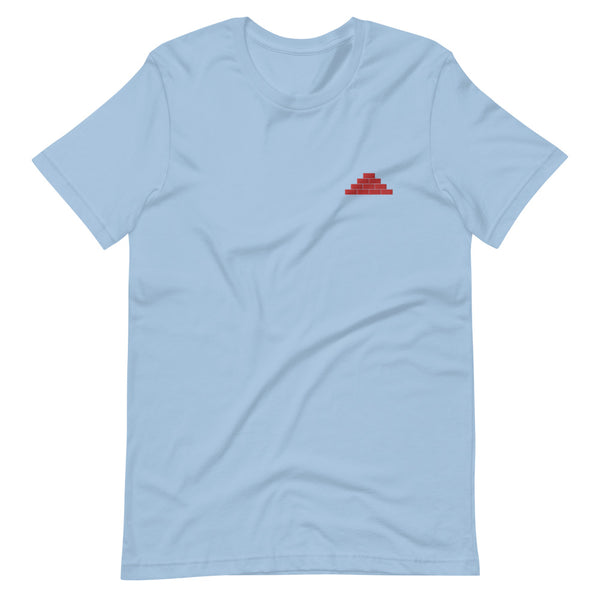 Light blue t shirt with red build daily brick by brick logo