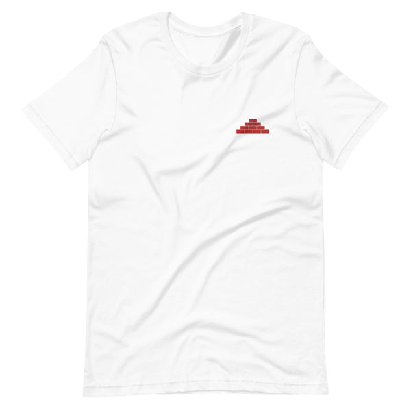White t shirt with red build daily brick by brick logo