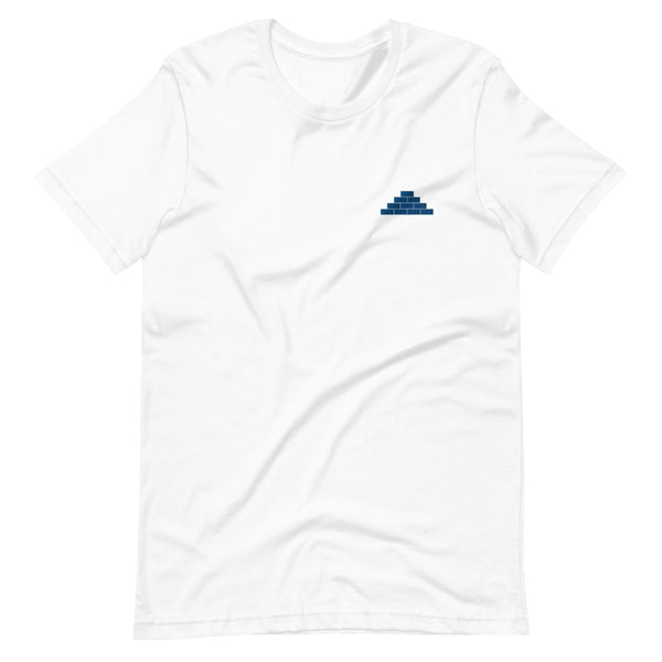 White t shirt with royal blue build daily brick by brick logo