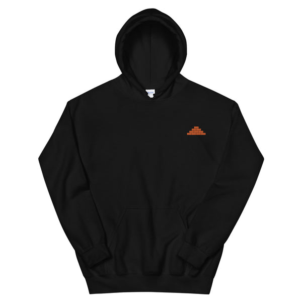 Black hooded sweatshirt with orange build daily brick by brick logo