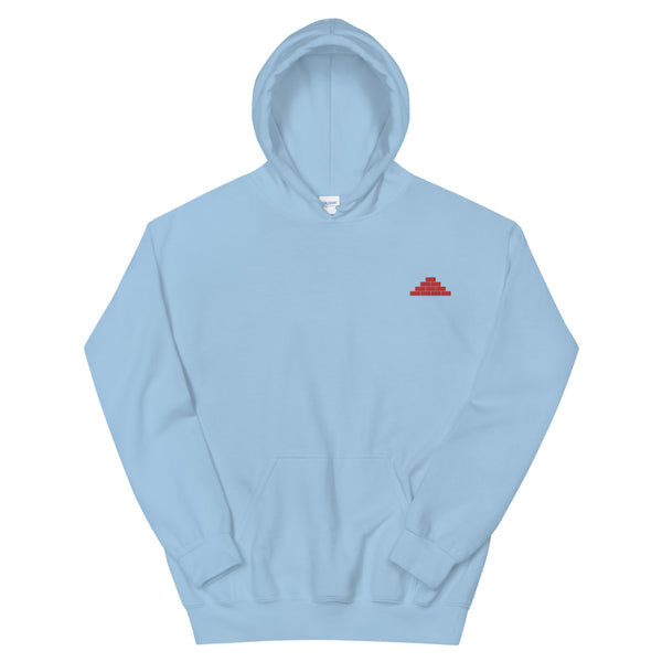 Light blue hooded sweatshirt with red build daily brick by brick logo
