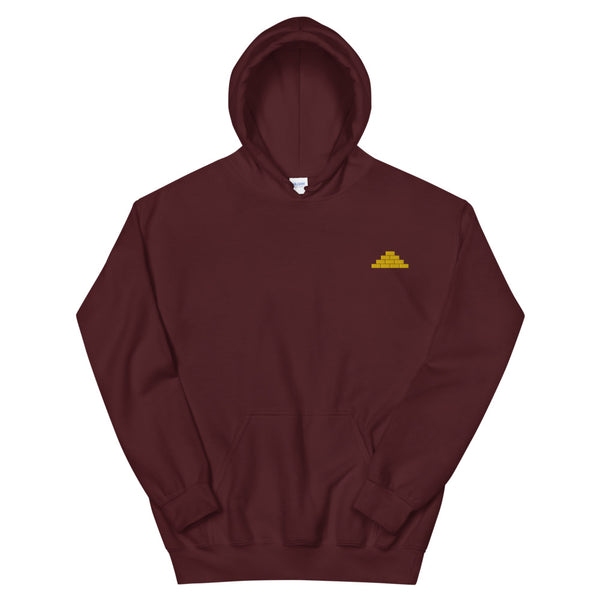 Maroon hooded sweatshirt with yellow build daily brick by brick logo