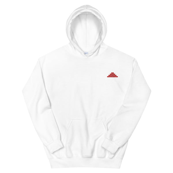 White hooded sweatshirt with red build daily brick by brick logo