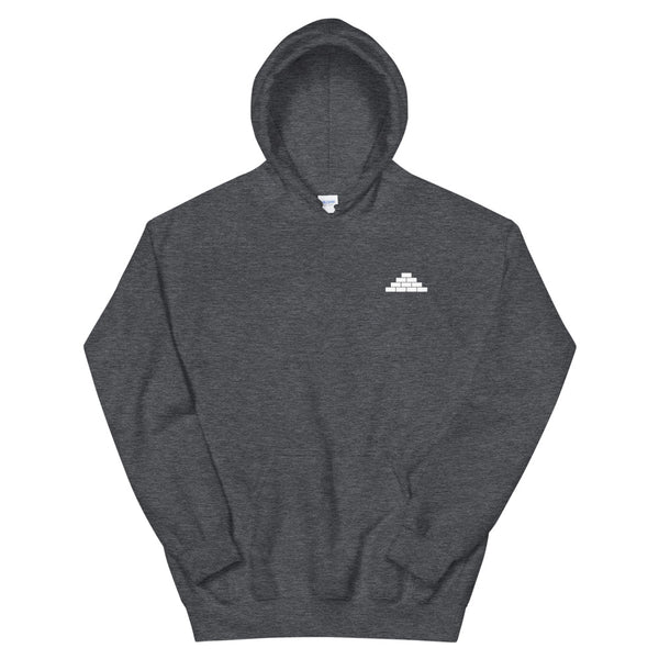 Heather grey hooded sweatshirt with white build daily brick by brick logo