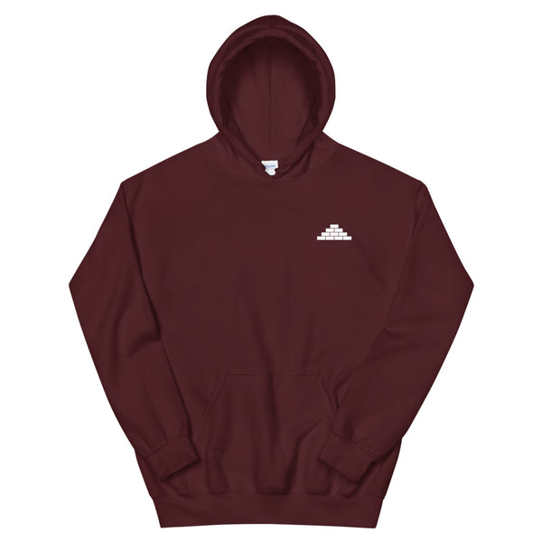 Maroon hooded sweatshirt with white build daily brick by brick logo