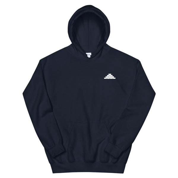Navy hooded sweatshirt with white build daily brick by brick logo