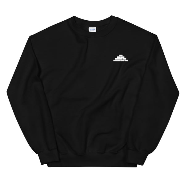 Black crewneck sweatshirt with white build daily brick by brick logo