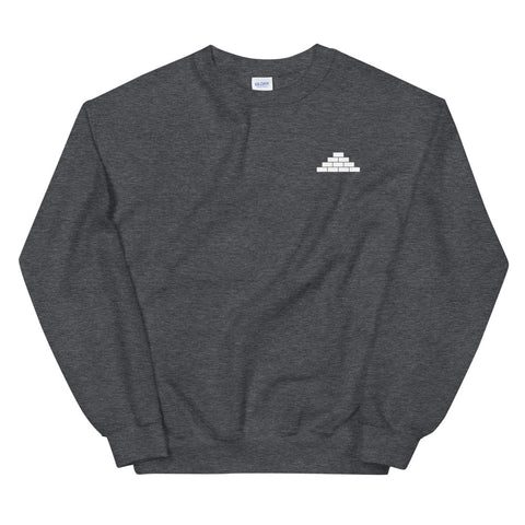 Heather grey crewneck sweatshirt with white build daily brick by brick logo