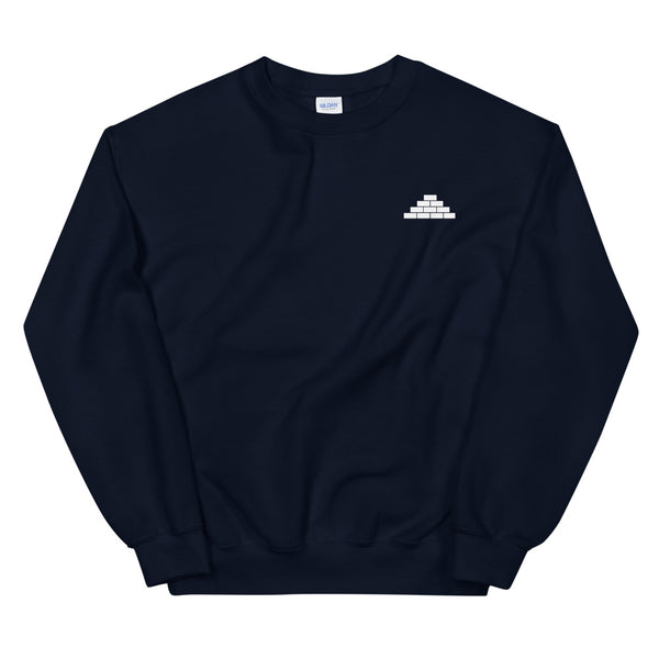 Navy crewneck sweatshirt with white build daily brick by brick logo