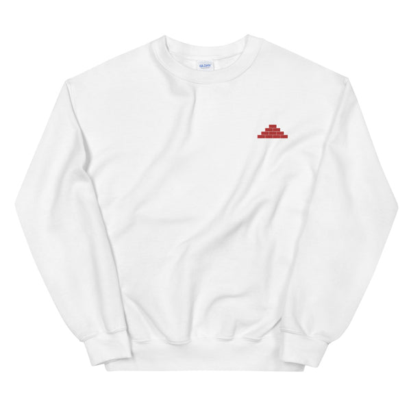 White crewneck sweatshirt with red build daily brick by brick logo