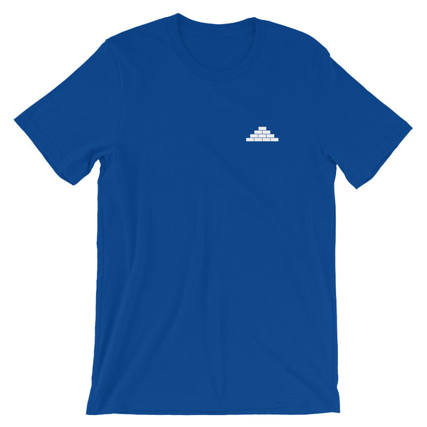 Royal blue t shirt with white build daily brick by brick logo