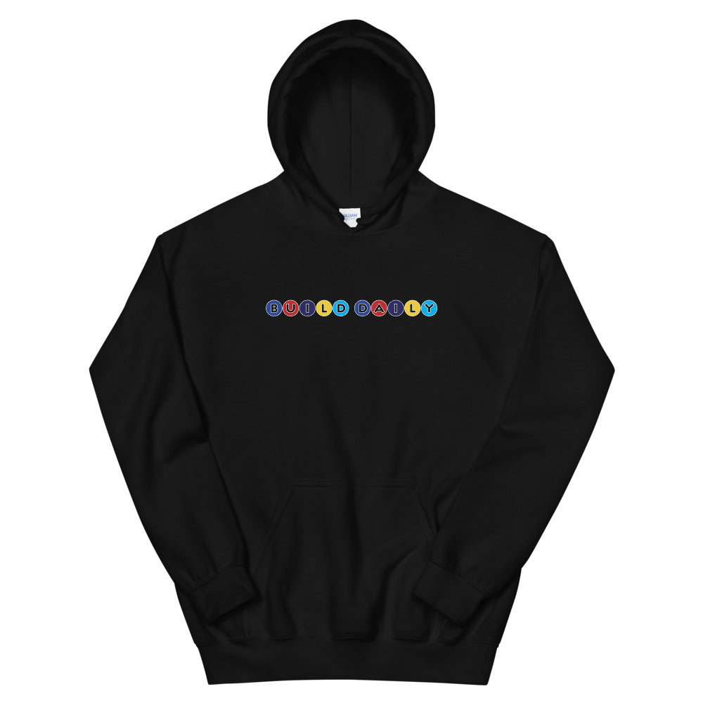 Black hooded sweatshirt with build daily circle design