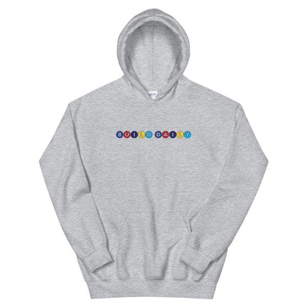 Grey hooded sweatshirt with build daily circle design