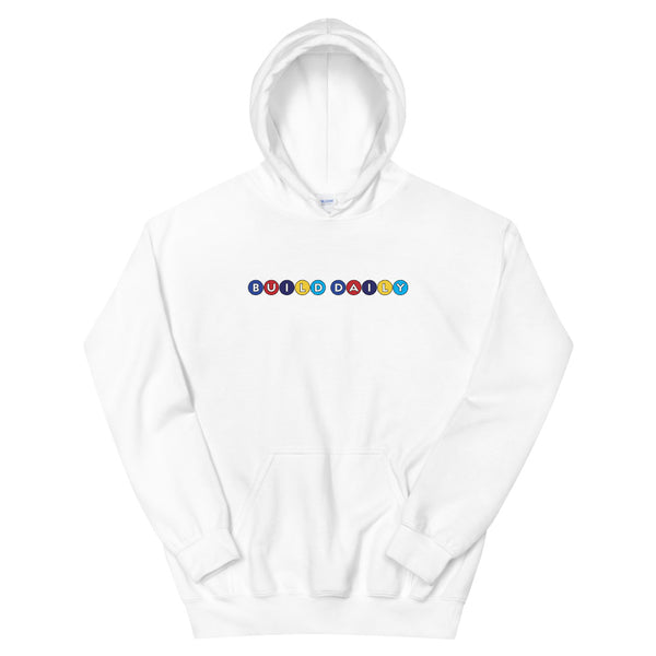 White hooded sweatshirt with build daily circle design