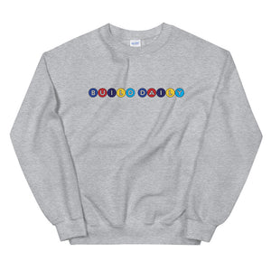 Grey crewneck sweatshirt with build daily circle design