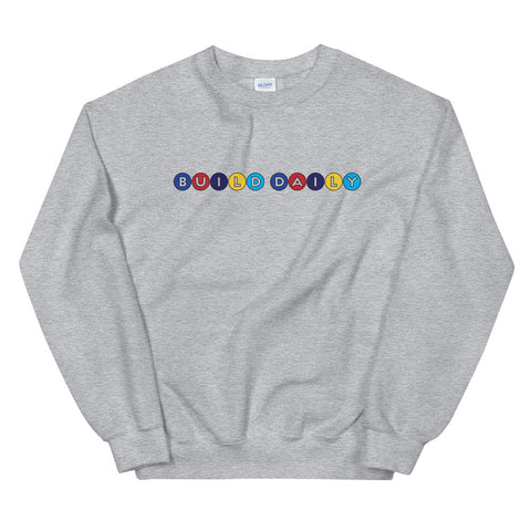 Grey crewneck sweatshirt with build daily circle design