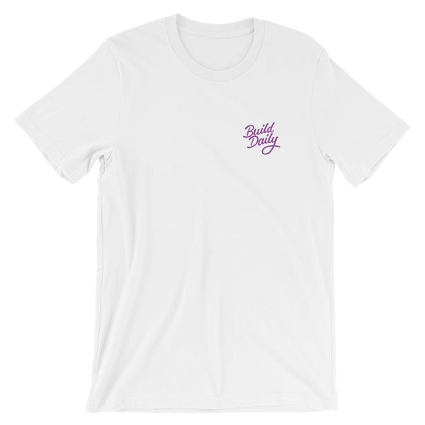 White t shirt with purple build daily signature logo