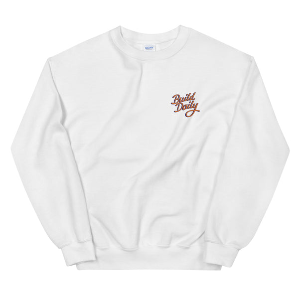 White crewneck sweatshirt with orange and navy blue build daily signature logo