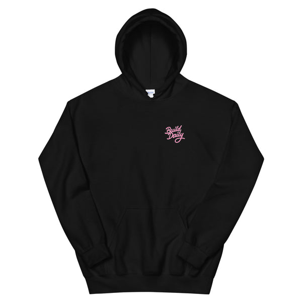 Black hooded sweatshirt with pink and white build daily signature logo
