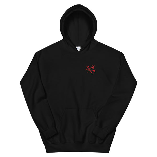 Black hooded sweatshirt with red build daily signature logo