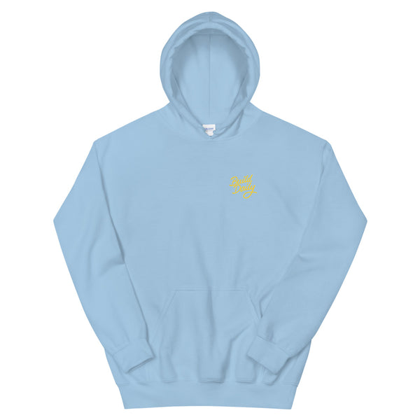 Light blue hooded sweatshirt with yellow build daily signature logo