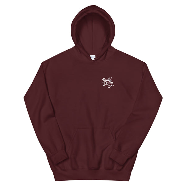 Maroon hooded sweatshirt with white build daily signature logo