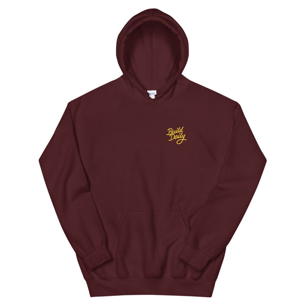 Maroon hooded sweatshirt with yellow build daily signature logo