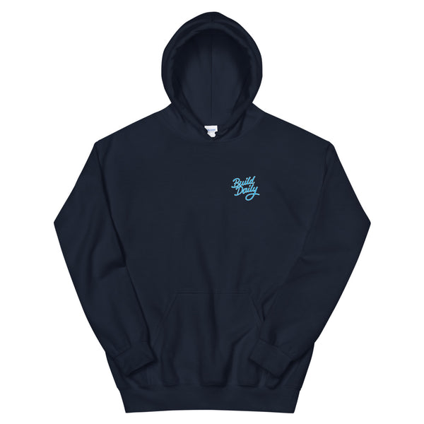 Navy blue hooded sweatshirt with light blue and white build daily signature logo