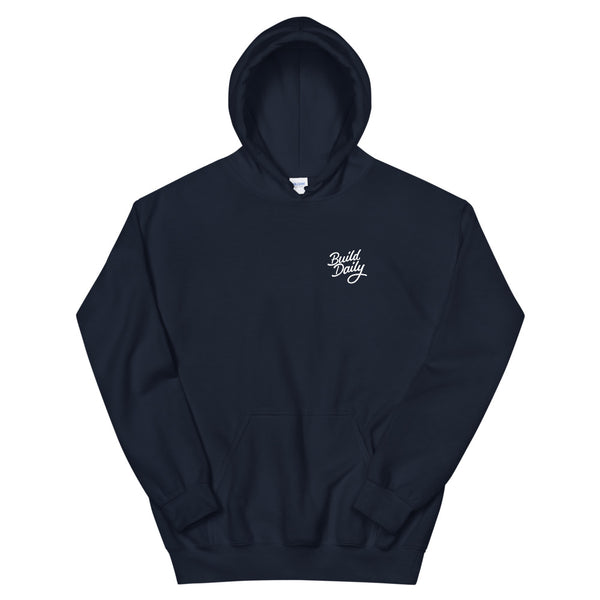 Navy blue hooded sweatshirt with white build daily signature logo