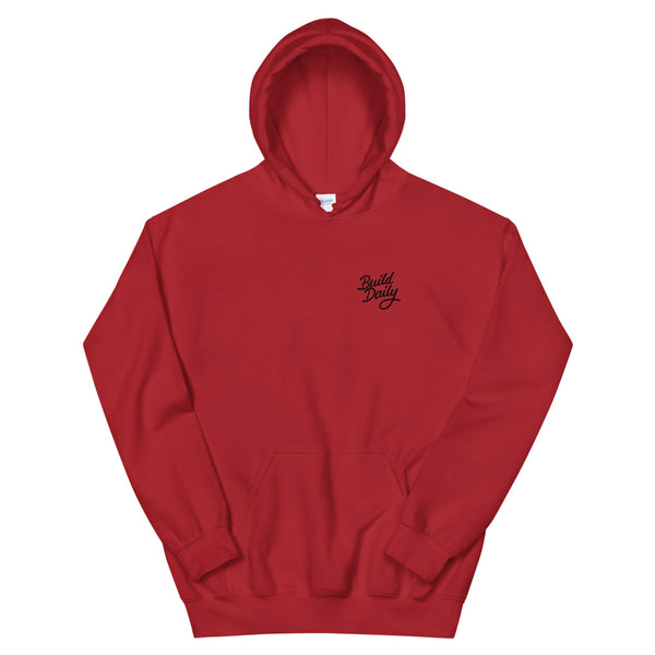 Red hooded sweatshirt with black build daily signature logo