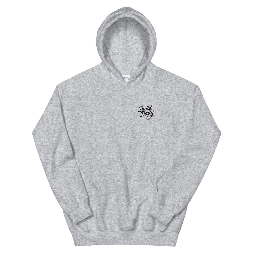 Grey hooded sweatshirt with black build daily signature logo