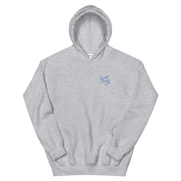 Grey hooded sweatshirt with royal blue and white build daily signature logo