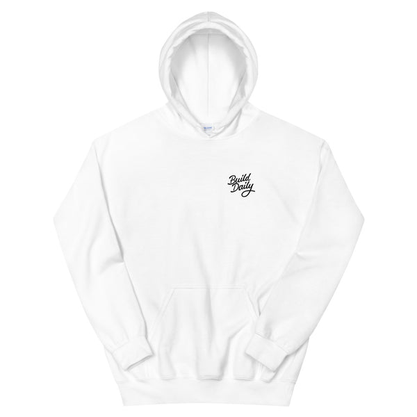 White hooded sweatshirt with black build daily signature logo
