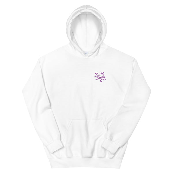 White hooded sweatshirt with purple build daily signature logo
