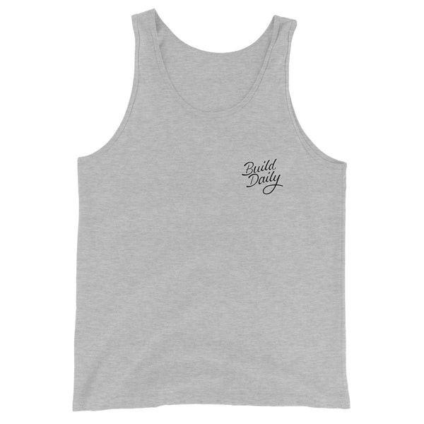 Grey tank top shirt with black and white build daily signature logo