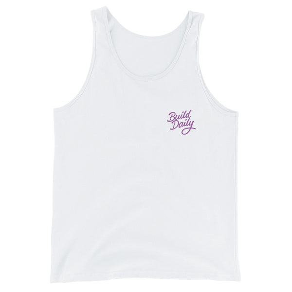 White tank top shirt with purple build daily signature logo