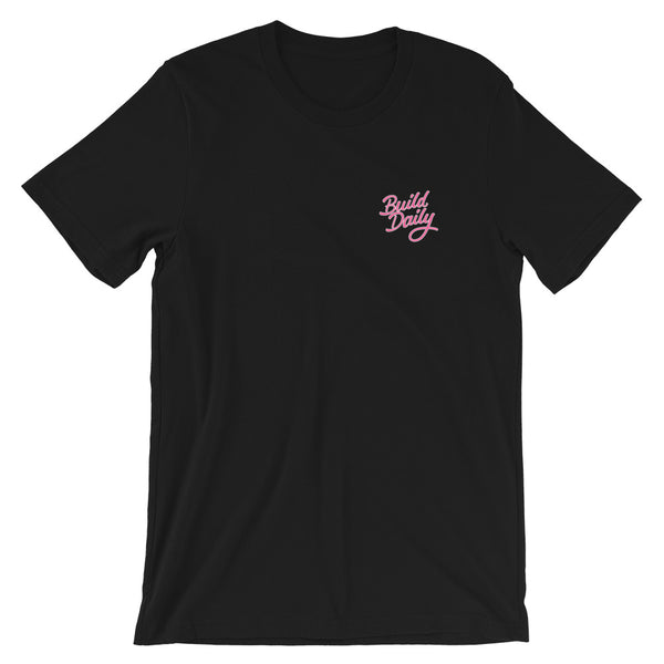 Black t shirt with pink and white build daily signature logo