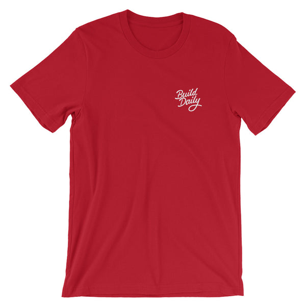 Red t shirt with white build daily signature logo