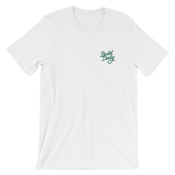 White t shirt with green build daily signature logo