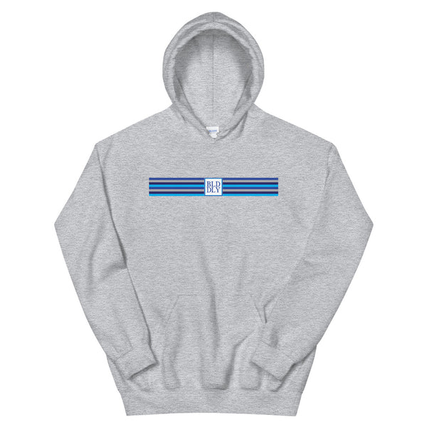 Grey hooded sweatshirt with build daily monogram and stripes logos