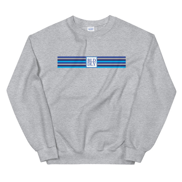 Grey crewneck sweatshirt with build daily monogram and stripes logos