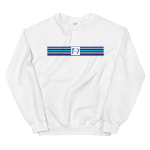 White crewneck sweatshirt with build daily monogram and stripes logos