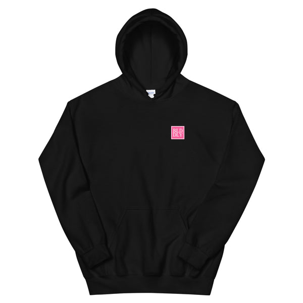 Black hooded sweatshirt with pink and white build daily monogram logo