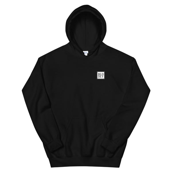 Black hooded sweatshirt with white build daily monogram logo