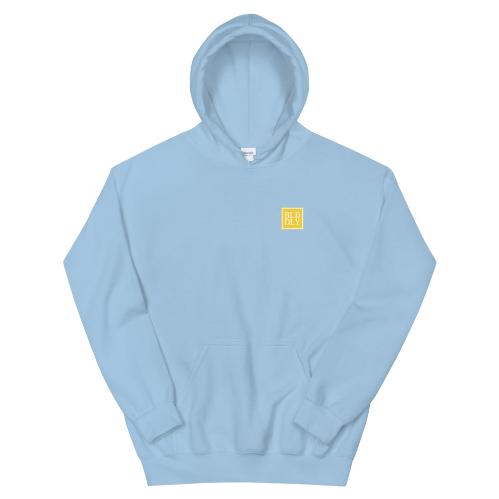 Light blue hooded sweatshirt with yellow and white build daily monogram logo