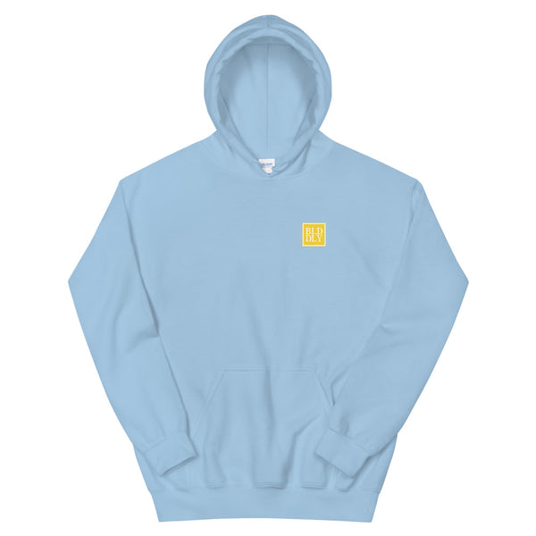 Light blue hooded sweatshirt with yellow and white build daily monogram logo