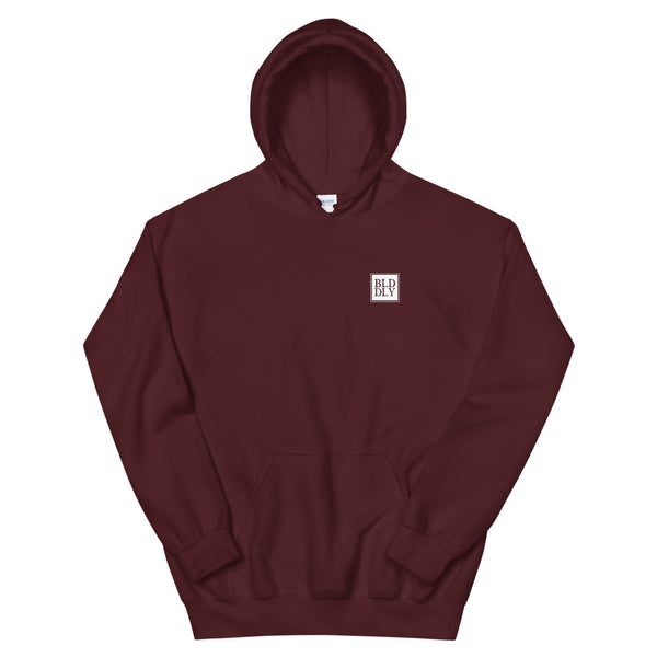 Maroon hooded sweatshirt with white build daily monogram logo