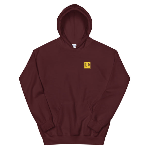 Maroon hooded sweatshirt with yellow build daily monogram logo